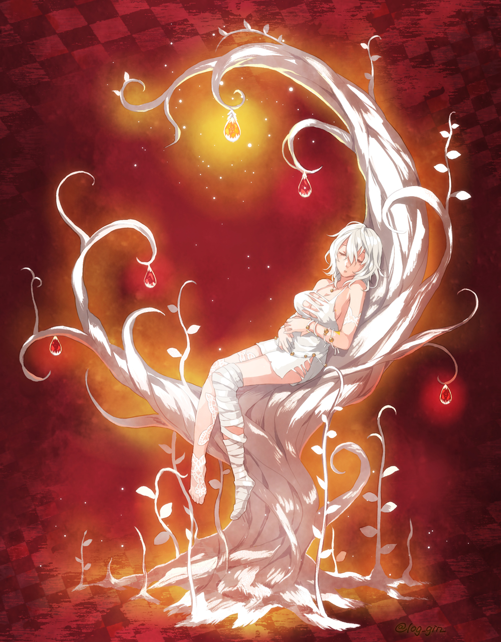 1girl, abstract_background, bandaged_leg, bandages, bracelet, breasts, checkered_background, closed_eyes, code_vein, commentary, crossed_arms, dress, full_body, highres, in_tree, io_(code_vein), jewelry, lace, lace_legwear, large_breasts, minami_seira, necklace, parted_lips, plant, red_background, short_hair, sitting, sitting_in_tree, sleeping, solo, torn_clothes, tree, wavy_hair, white_dress, white_hair, white_legwear, white_tree