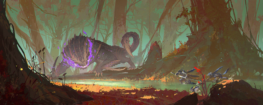 1boy, canyne, cgshuchai, claws, fangs, felyne, glowing, glowing_eyes, glowing_mouth, headband, highres, kamura_(armor), magnamalo, monster, monster_hunter_(series), monster_hunter_rise, plant, running, scenery, sheath, tail, tree, unsheathing, water