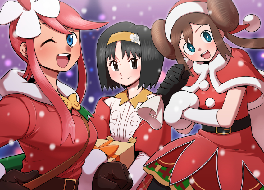 3girls, :d, bad_id, bad_pixiv_id, belt, between_breasts, black_belt, black_gloves