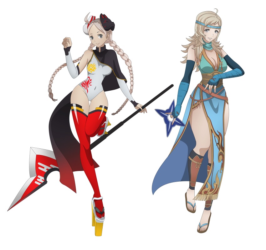 2girls, absurdres, ahoge, alternate_costume, blonde_hair, braid, breasts, commission, commissioner_upload, cosplay, fire_emblem, fire_emblem_fates, fire_emblem_heroes, grey_eyes, grey_hair, hairband, highres, holding, holding_weapon, laevatein_(fire_emblem), laevatein_(fire_emblem)_(cosplay), laevatein_(ninja)_(fire_emblem), looking_at_viewer, lyn_(fire_emblem), lyn_(fire_emblem)_(cosplay), lyn_(ninja)_(fire_emblem), mask, mouth_mask, multiple_girls, nina_(fire_emblem), ninja_mask, nintendo, ophelia_(fire_emblem), sandals, thighhighs, twin_braids, weapon, yangartworks