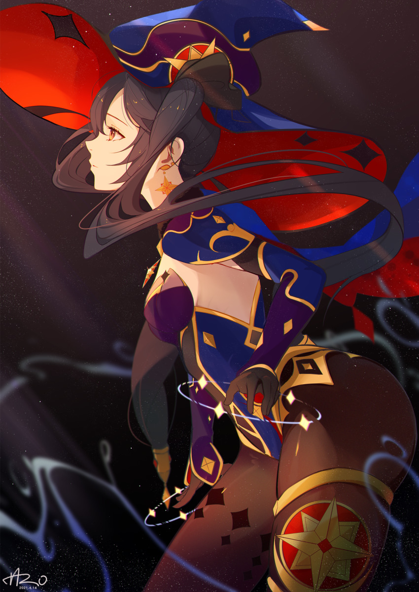 1girl, absurdres, black_hair, black_pantyhose, blue_capelet, blue_hat, blue_leotard, breasts