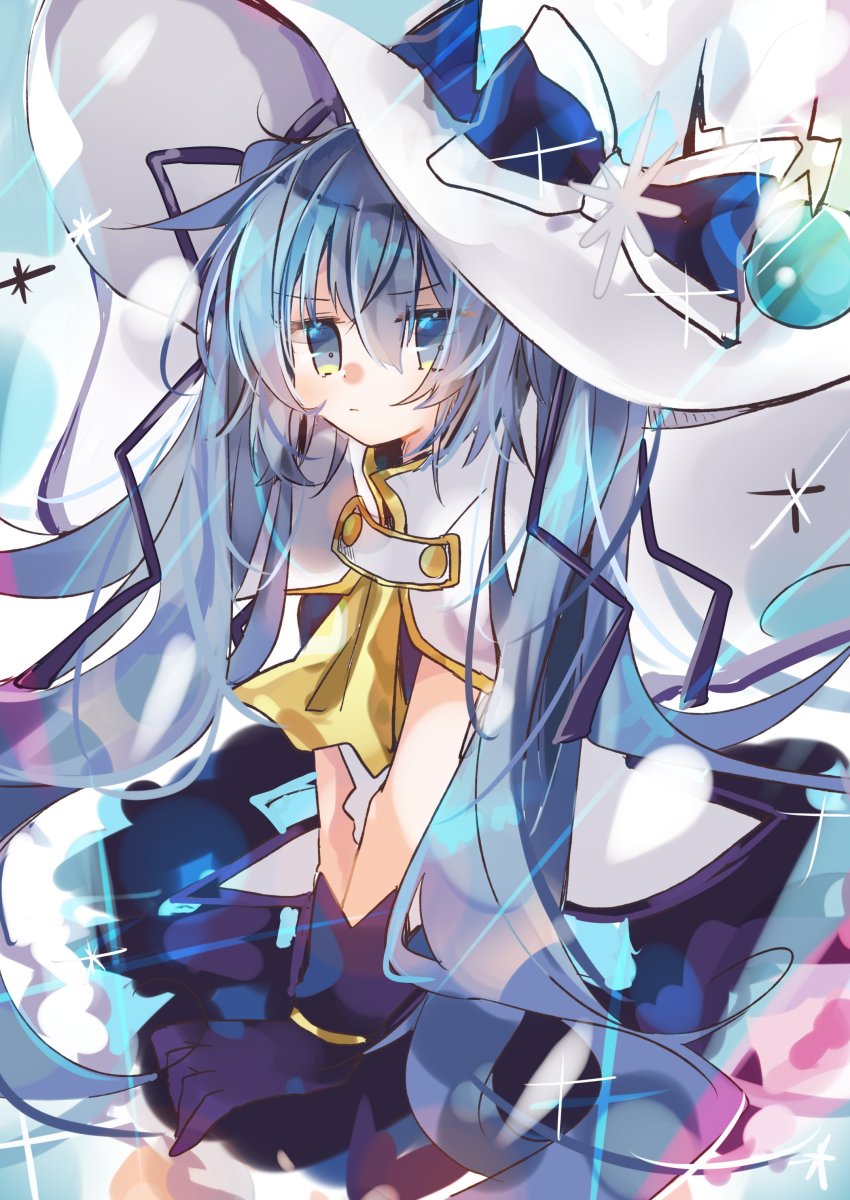 1girl, absurdres, blue_eyes, blue_skirt, bow, cloak, gloves, hair_ribbon