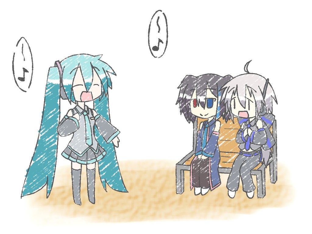 3girls, ahoge, crossover, detached_sleeves, faux_traditional_media, green_hair, hatsune_miku, heterochromia