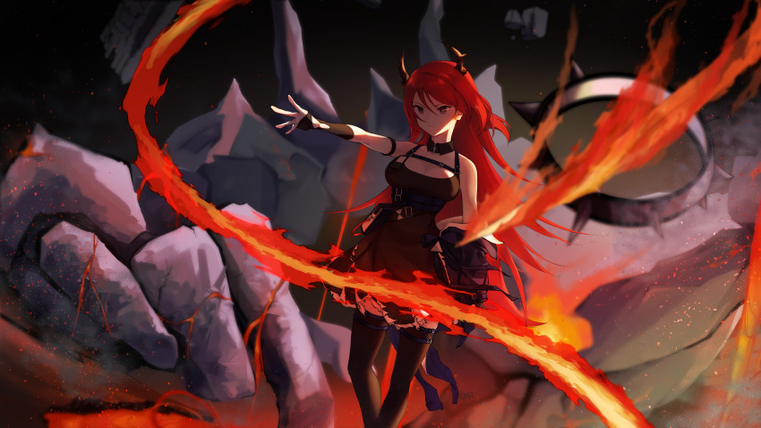 1girl, absurdres, arknights, armband, bare_shoulders, black_dress, black_gloves, black_legwear