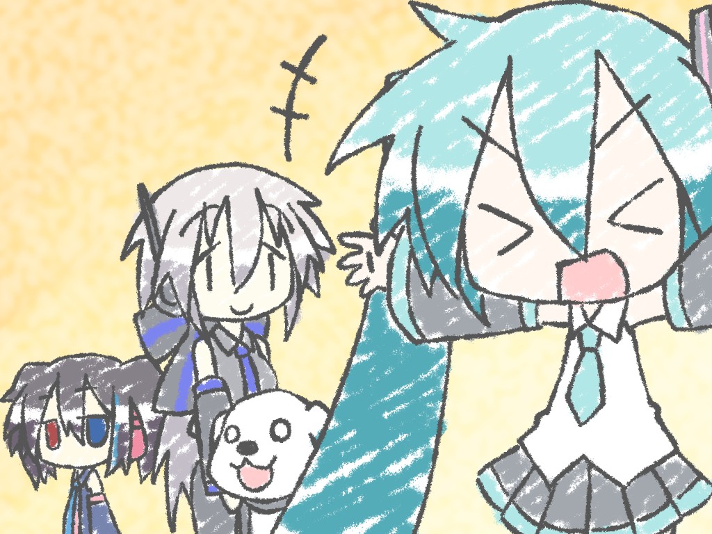 >_<, 3girls, chibi, chibi_miku, closed_eyes, crossover, detached_sleeves, dog
