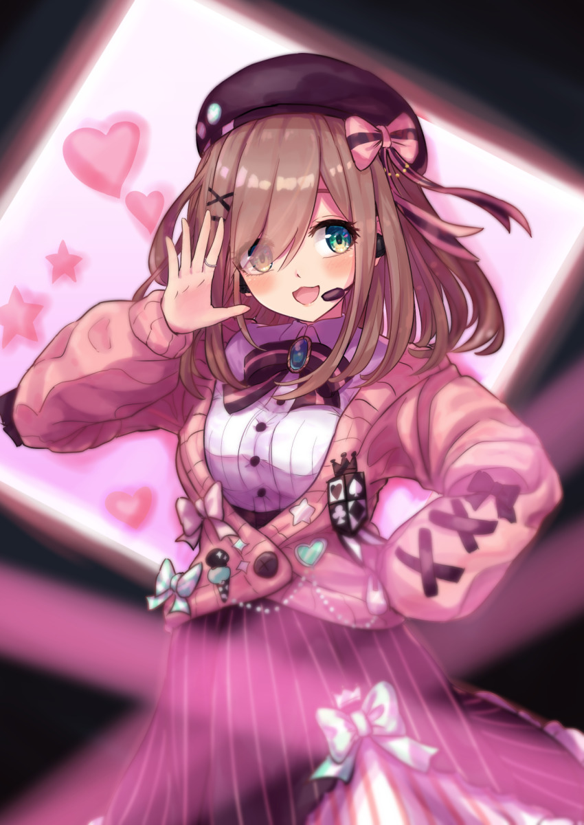 1girl, :d, black_hat, black_skirt, bow, bowtie, brooch, brown_hair