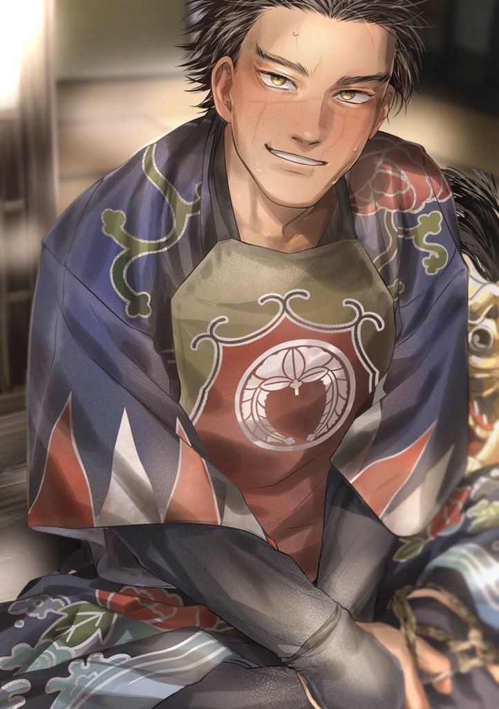 1boy, black_hair, blurry, blurry_background, brown_eyes, crossed_arms, floral_print, golden_kamuy