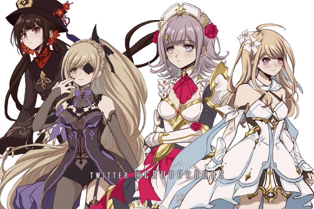 4girls, ahoge, akamatsu_kaede, armor, ascot, bare_shoulders, black_headwear, black_nails