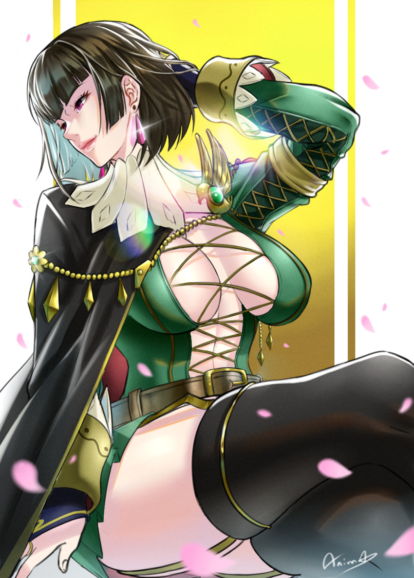 1girl, anima_(togashi), breasts, bridal_gauntlets, brown_hair, capcom, earrings, garter_belt, garter_straps, gold_trim, green_shirt, highres, jewelry, large_breasts, looking_at_viewer, monster_hunter_(series), monster_hunter_rise, navel_piercing, piercing, purple_eyes, rondine, shirt, smile, solo, thighhighs, thighs