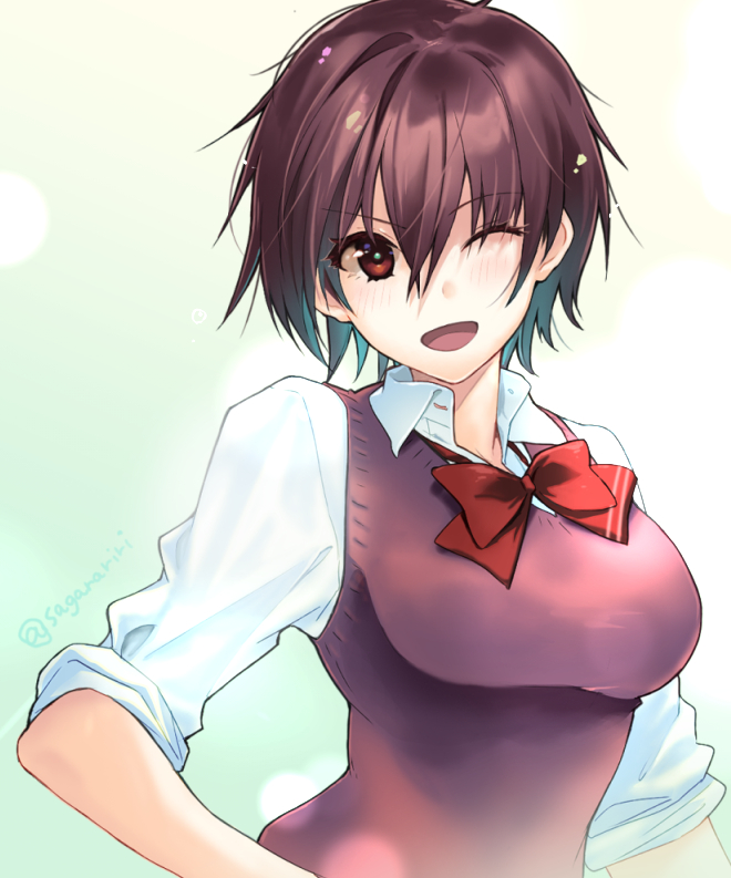 1girl, bow, bowtie, breasts, brown_eyes, brown_hair, large_breasts, looking_at_viewer, messy_hair, one_eye_closed, open_mouth, red_bow, red_bowtie, sagara_riri, school_uniform, shirt, short_hair, simple_background, sleeves_rolled_up, solo, sounan_desuka?, suzumori_asuka, sweater_vest, tomboy, twitter_username, upper_body, white_shirt