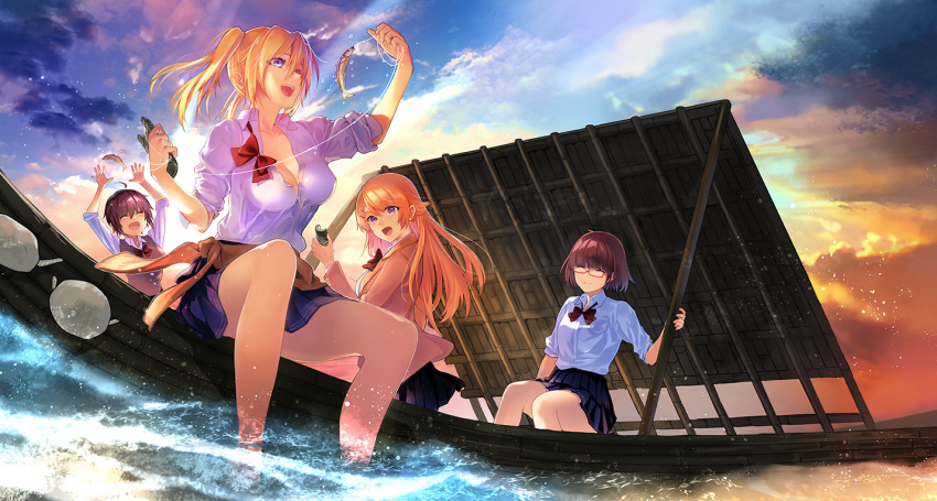 4girls, ahoge, amatani_mutsu, blazer, blonde_hair, blue_eyes, blue_skirt, boat