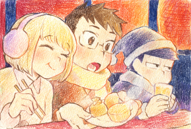 1girl, 2boys, black_hair, black_santa_costume, brown_hair, chopsticks, coat, colored_pencil_(medium)