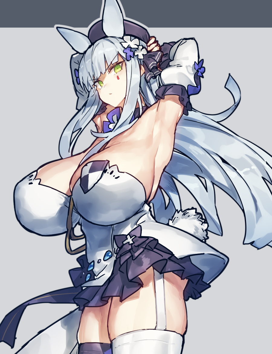 1girl, alternate_breast_size_(larger), animal_ears, armpits, arms_behind_head, arms_up, asymmetrical_legwear, black_ribbon, bow, breasts, closed_mouth, cowboy_shot, dress, facial_mark, flower, garter_straps, girls'_frontline, green_eyes, grey_hair, hair_flower, hair_ornament, hair_ribbon, hat, hk416_(girls'_frontline), hk416_(herbal-flavored_hard_candy)_(girls'_frontline), huge_breasts, long_hair, looking_at_viewer, melon22, mismatched_legwear, official_alternate_costume, purple_flower, purple_hat, purple_thighhighs, rabbit_ears, rabbit_girl, rabbit_tail, ribbon, short_dress, sidelocks, solo, standing, tail, teardrop, thighhighs, v-shaped_eyebrows, white_dress, white_flower, white_thighhighs