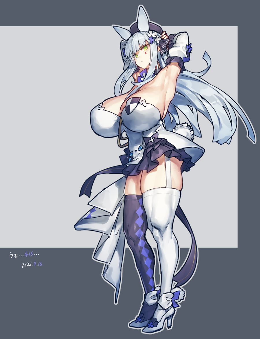 1girl, alternate_breast_size_(larger), animal_ears, argyle_clothes, argyle_thighhighs, armpits, arms_behind_head, arms_up, asymmetrical_legwear, black_ribbon, bow, breasts, closed_mouth, commentary, dated, dress, facial_mark, flower, full_body, garter_straps, girls'_frontline, green_eyes, grey_hair, hair_flower, hair_ornament, hair_ribbon, hat, high_heels, hk416_(girls'_frontline), hk416_(herbal-flavored_hard_candy)_(girls'_frontline), huge_breasts, long_hair, looking_at_viewer, melon22, mismatched_legwear, muscular_legs, official_alternate_costume, purple_flower, purple_hat, purple_thighhighs, rabbit_ears, rabbit_girl, rabbit_tail, ribbon, short_dress, sidelocks, solo, standing, tail, teardrop, thick_thighs, thighhighs, thighs, v-shaped_eyebrows, white_dress, white_flower, white_footwear, white_thighhighs