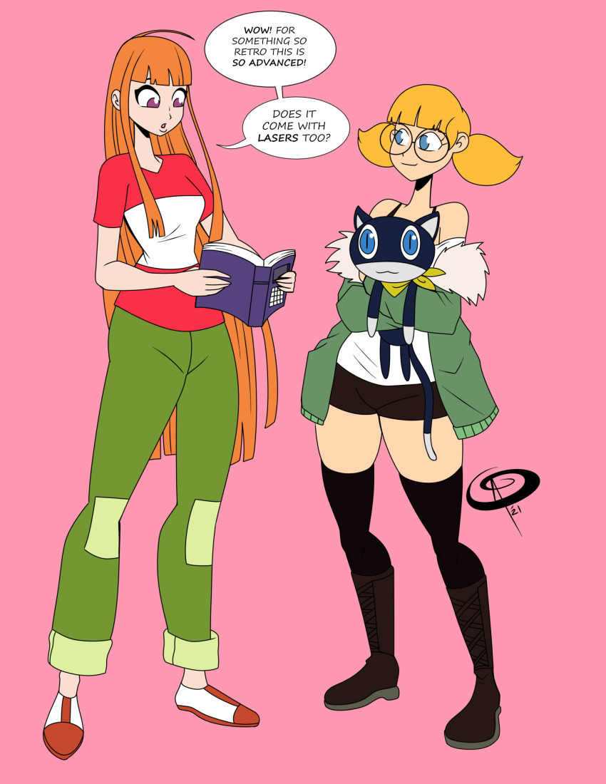 2girls, absurdres, atlus, blonde_hair, blue_eyes, book, boots, chillguydraws, cosplay, costume_switch, crossover, dic_entertainment, glasses, highres, inspector_gadget, jacket, kneehighs, morgana_(persona_5), multiple_girls, penny_(inspector_gadget), persona, persona_5, pigtail_braids, purple_eyes, red_hair, sakura_futaba, sakura_futaba_(cosplay), shoes, sneakers, socks, speech_bubble, stuffed_toy, thighhighs
