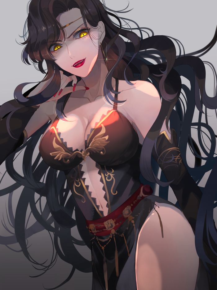 1girl, black_hair, breasts, cleavage, collarbone, detached_sleeves, fire_emblem, fire_emblem:_the_blazing_blade, gradient_background, hair_behind_ear, hand_up, headband, kabitakamaboko, large_breasts, long_hair, looking_to_the_side, nail_polish, nintendo, parted_lips, red_nails, slit_pupils, solo, sonia_(fire_emblem:_the_blazing_blade), wavy_hair, yellow_eyes
