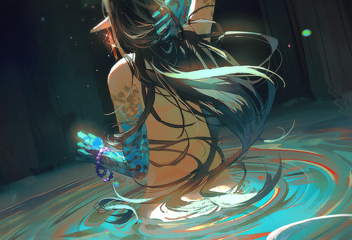 1girl, arknights, back, black_hair, bracelet, dusk_(arknights), earrings, horns