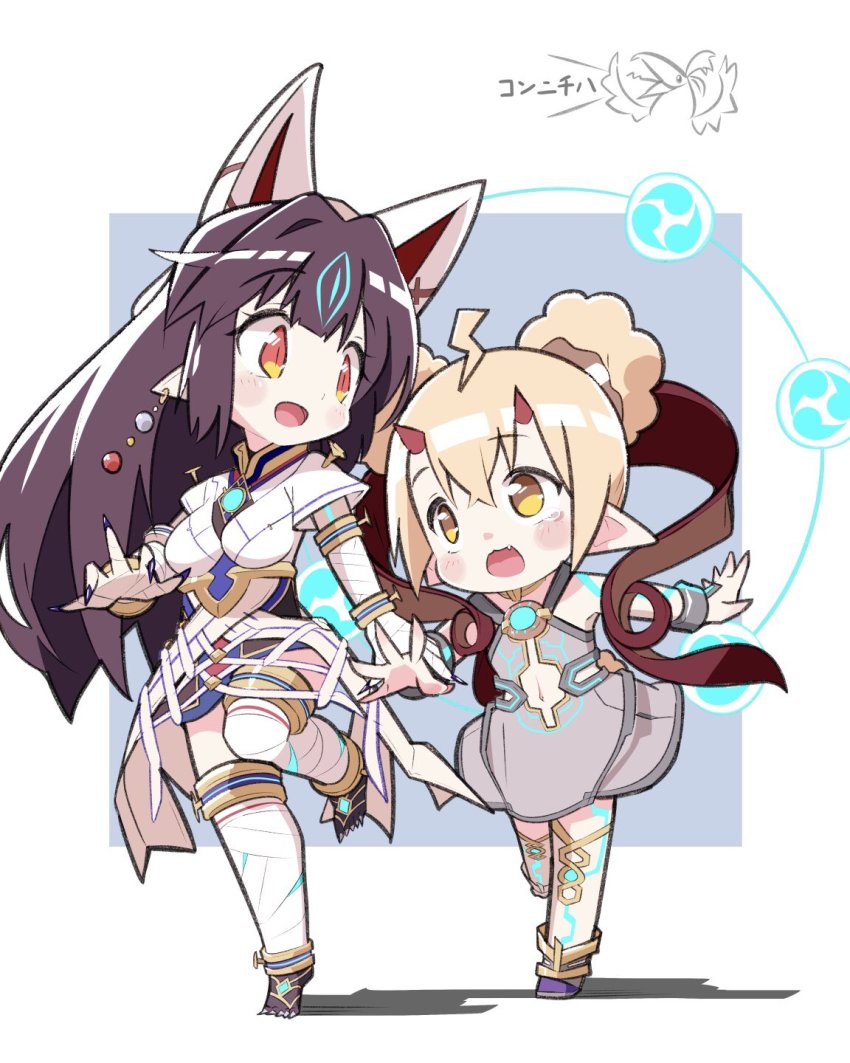2girls, aly_(eshikidori), animal_ears, black_hair, blonde_hair, chibi, electra_(xenoblade), fox_ears