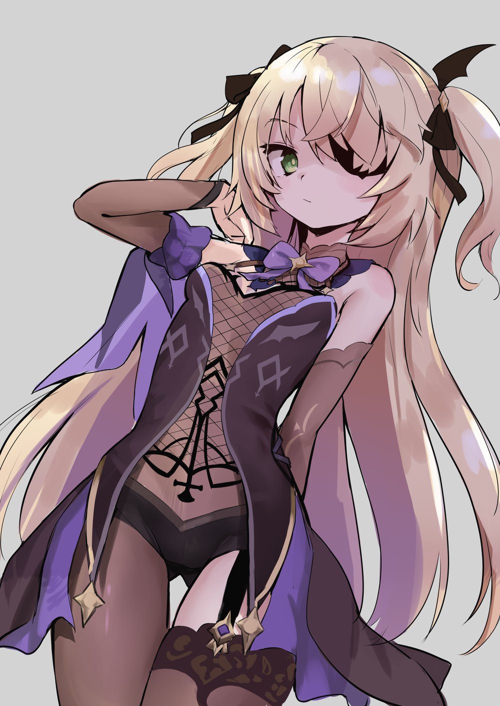 1girl, asymmetrical_legwear, black_pantyhose, black_thighhighs, blonde_hair, bodystocking, bow, bowtie