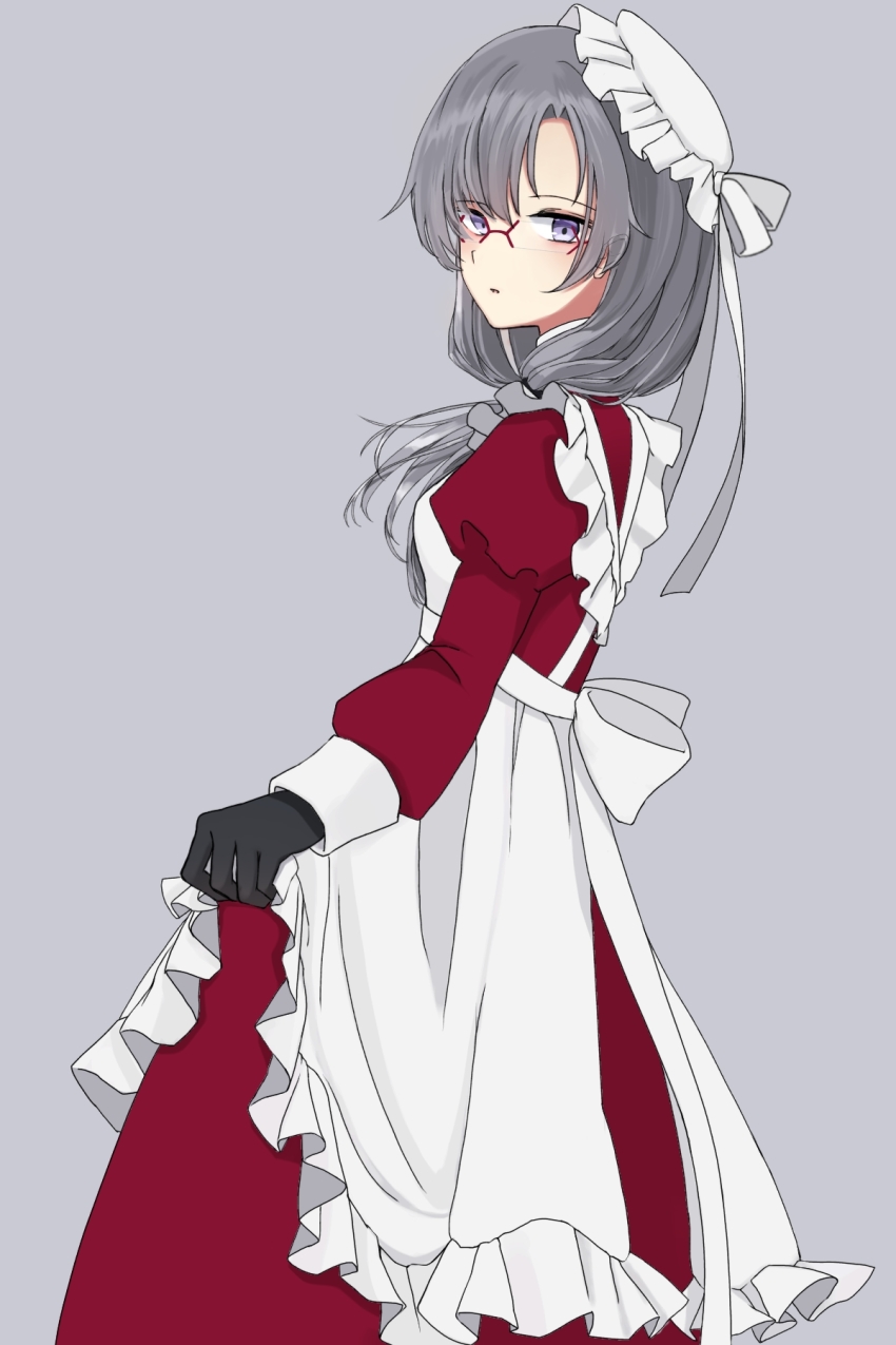 1girl, alternate_costume, alternate_hairstyle, alternate_headwear, apron, azur_lane, blush, breasts, commentary_request, cyril_m45, dress, enmaided, glasses, gloves, highres, koln_(azur_lane), long_hair, long_sleeves, maid, silver_hair, simple_background, small_breasts, solo