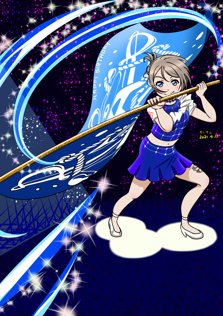 1girl, absurdres, alternate_hairstyle, aqua_eyes, artist_name, artist_request, bare_legs, blue_choker, blue_detached_collar, blue_eyes, blue_shirt, blue_skirt, blush, brown_hair, checkered_clothes, checkered_shirt, checkered_skirt, choker, dress, dress_shirt, earrings, female_focus, flag, flag_pole, flower_print, flower_tattoo, full_body, grey_hair, hair_between_eyes, high_heels, highres, holding, holding_flag, jewelry, leg_tattoo, let's_go_wonder_trip, light_brown_hair, looking_at_viewer, love_live!, love_live!_school_idol_festival, love_live!_sunshine!!, pearl_earrings, shirt, short_hair, skirt, smile_smile_ship_start!!, solo, sparkle_print, tattoo, watanabe_you, white_footwear