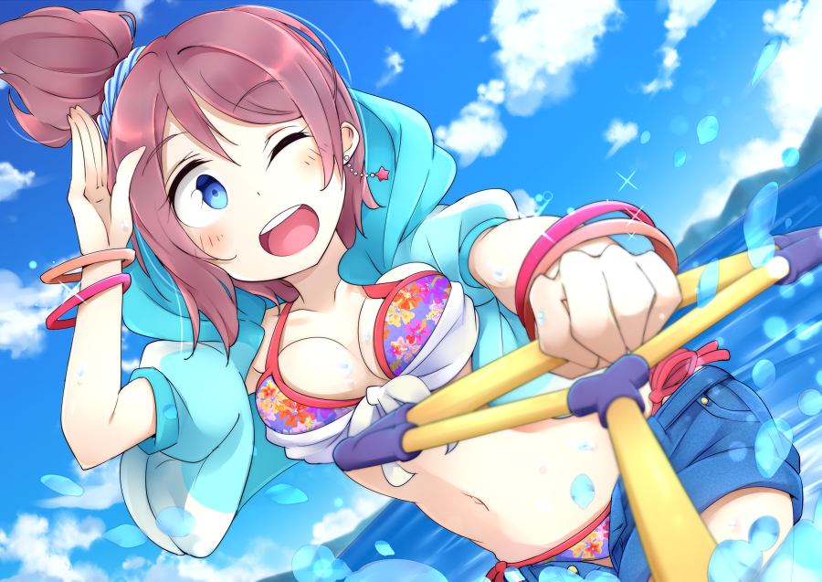 1girl, ;), alternate_hairstyle, aqua_eyes, aqua_jacket, artist_name, artist_request, bare_shoulders, bikini, bikini_under_clothes, blue_eyes, blue_pants, blue_scrunchie, blue_shorts, blue_sky, blush, bracelet, breasts, brown_hair, cleavage, cloud, collarbone, day, denim, denim_shorts, earrings, female_focus, floral_print, flower_bikini, flower_print, front-tie_bikini_top, front-tie_top, funaichigo, grey_hair, hair_between_eyes, hair_ornament, hair_scrunchie, halterneck, hood, hood_down, hood_up, hooded_jacket, hoodie, jacket, jewelry, light_brown_hair, looking_at_viewer, love_live!, love_live!_school_idol_festival, love_live!_school_idol_festival_all_stars, love_live!_sunshine!!, medium_breasts, mountain, navel, ocean, off-shoulder_jacket, off_shoulder, one_eye_closed, outdoors, pants, pearl_bracelet, ponytail, print_bikini, salute, scrunchie, short_hair, short_shorts, short_sleeves, shorts, side-tie_bikini_bottom, sidelocks, sky, smile, solo, star_(symbol), star_earrings, striped_clothes, striped_scrunchie, swimsuit, swimsuit_under_clothes, watanabe_you