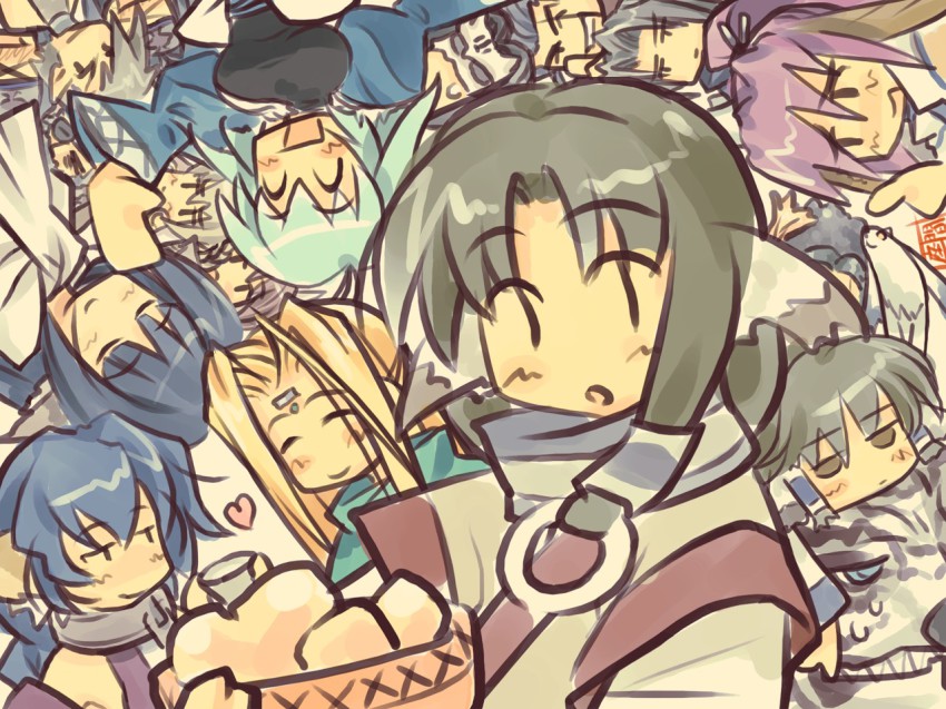 00s, 6+boys, 6+girls, animal_ears, aruruu, aruruu_to_asobo!!, benawi, blush, camyu, dog_ears, eruruu, everyone, hakuowlo, head_wings, japanese_clothes, karulau, long_hair, multiple_boys, multiple_girls, oboro_(utawarerumono), ponytail, purple_hair, sketch, touka_(utawarerumono), ulthury, utawarerumono, wings, yuzuha_(utawarerumono)