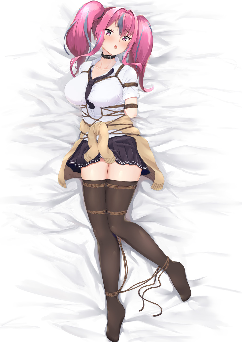 1girl, azur_lane, baltimore_(after-school_ace)_(azur_lane), baltimore_(azur_lane), baltimore_(azur_lane)_(cosplay), bed_sheet, beige_cardigan, black_collar, black_necktie, black_skirt, black_thighhighs, blush, bound, bound_arms, bound_legs, breasts, bremerton_(azur_lane), cardigan, cardigan_around_waist, cleavage, clothes_around_waist, collar, collarbone, collared_shirt, commentary_request, cosplay, full_body, grey_hair, hair_between_eyes, hair_intakes, highres, large_breasts, long_hair, looking_at_viewer, loose_necktie, lying, mole, multicolored_hair, necktie, ochikata_kage, on_back, open_mouth, partial_commentary, pink_eyes, pink_hair, pleated_skirt, rope, school_uniform, shibari, shibari_over_clothes, shirt, short_sleeves, sidelocks, skindentation, skirt, solo, streaked_hair, teeth, thighhighs, tied_up, twintails, two-tone_hair, upper_teeth_only, white_shirt