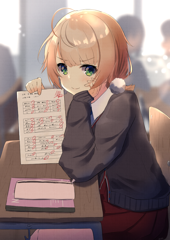 1girl, academic_test, ahoge, arm_support, blonde_hair, blurry, blurry_background, blush, classroom, closed_mouth, commentary_request, desk, from_side, green_eyes, hair_ornament, hand_on_own_cheek, hand_on_own_face, head_on_hand, high_score, holding, holding_paper, indie_virtual_youtuber, indoors, jacket, long_sleeves, looking_at_viewer, paper, pom_pom_(clothes), pom_pom_hair_ornament, school_desk, school_uniform, shigure_ui_(summer_uniform)_(vtuber), shigure_ui_(vtuber), sitting, smile, smug, solo_focus, test_score, virtual_youtuber, yukidaruma718
