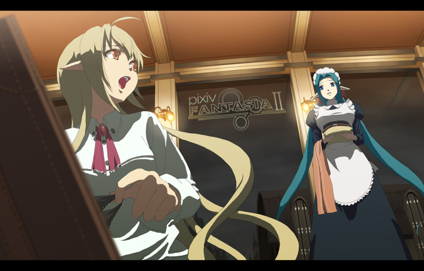 2girls, apron, bad_id, bad_pixiv_id, blonde_hair, blue_eyes, blue_hair, brown_eyes