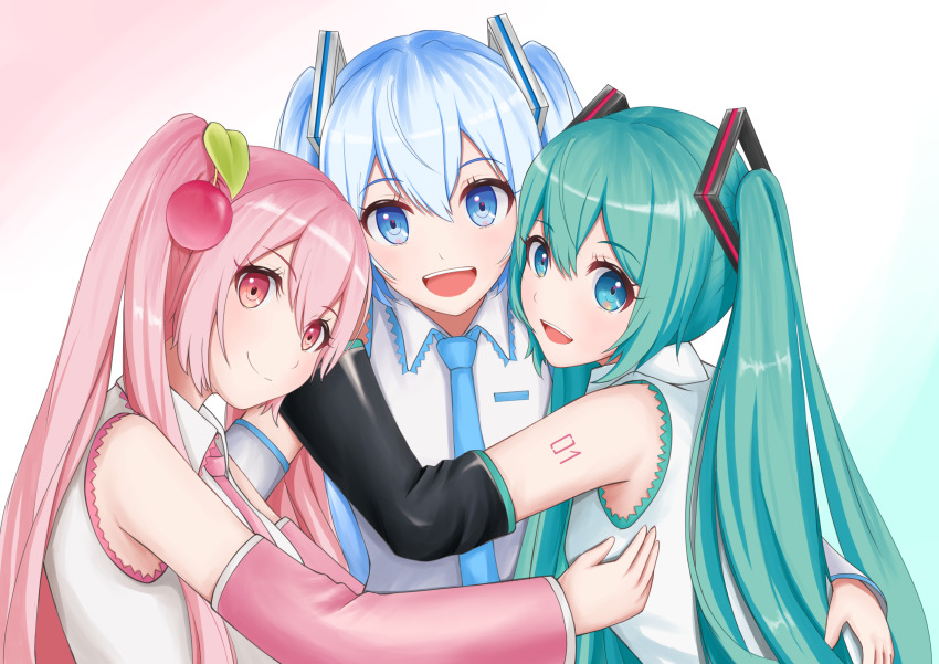 3girls, aqua_eyes, aqua_hair, aqua_necktie, arms_around_another's_back, bad_id, bad_pixiv_id, bare_shoulders