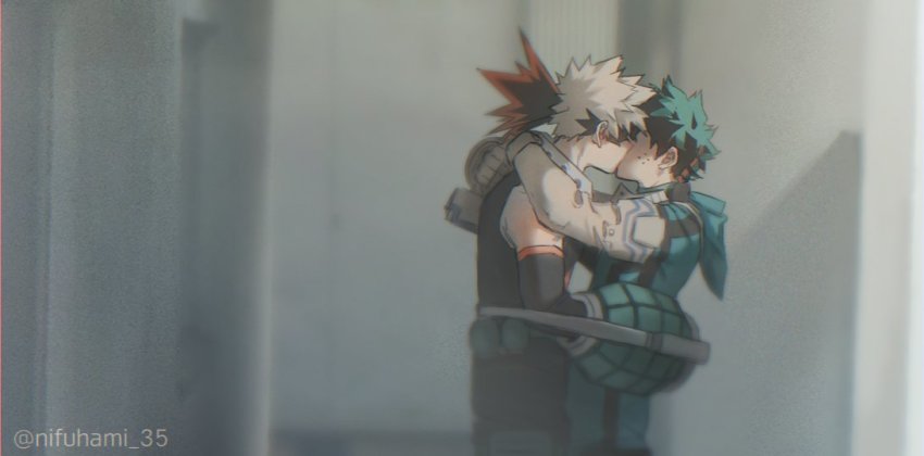 2boys, bakugou_katsuki, black_hair, blonde_hair, bodysuit, boku_no_hero_academia, commentary_request, cut_(nifuhami_35), explosive, freckles, from_side, gloves, green_bodysuit, green_hair, grenade, hair_ornament, hood, hood_down, hug, kiss, male_focus, midoriya_izuku, multiple_boys, pants, profile, shirt, short_hair, spiked_hair, standing, twitter_username, white_gloves, yaoi
