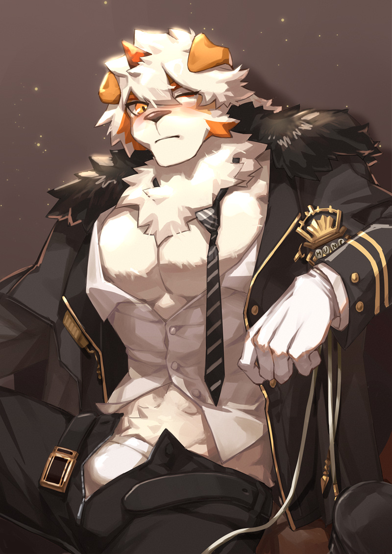 1boy, animal_ears, arknights, bara, bare_pectorals, belt, black_pants, blush, bulge, dog_boy, dog_ears, furry, furry_male, horns, hung_(arknights), hung_(just_a_driver)_(arknights), jacket, large_pectorals, male_focus, male_underwear, medium_hair, midriff_peek, multicolored_hair, muscular, muscular_male, necktie, official_alternate_costume, open_belt, open_clothes, open_jacket, open_pants, open_shirt, orange_eyes, orange_hair, pants, pectorals, single_horn, sokimi_(sosojovan), solo, streaked_hair, two-tone_fur, underwear, white_fur, white_hair, white_male_underwear