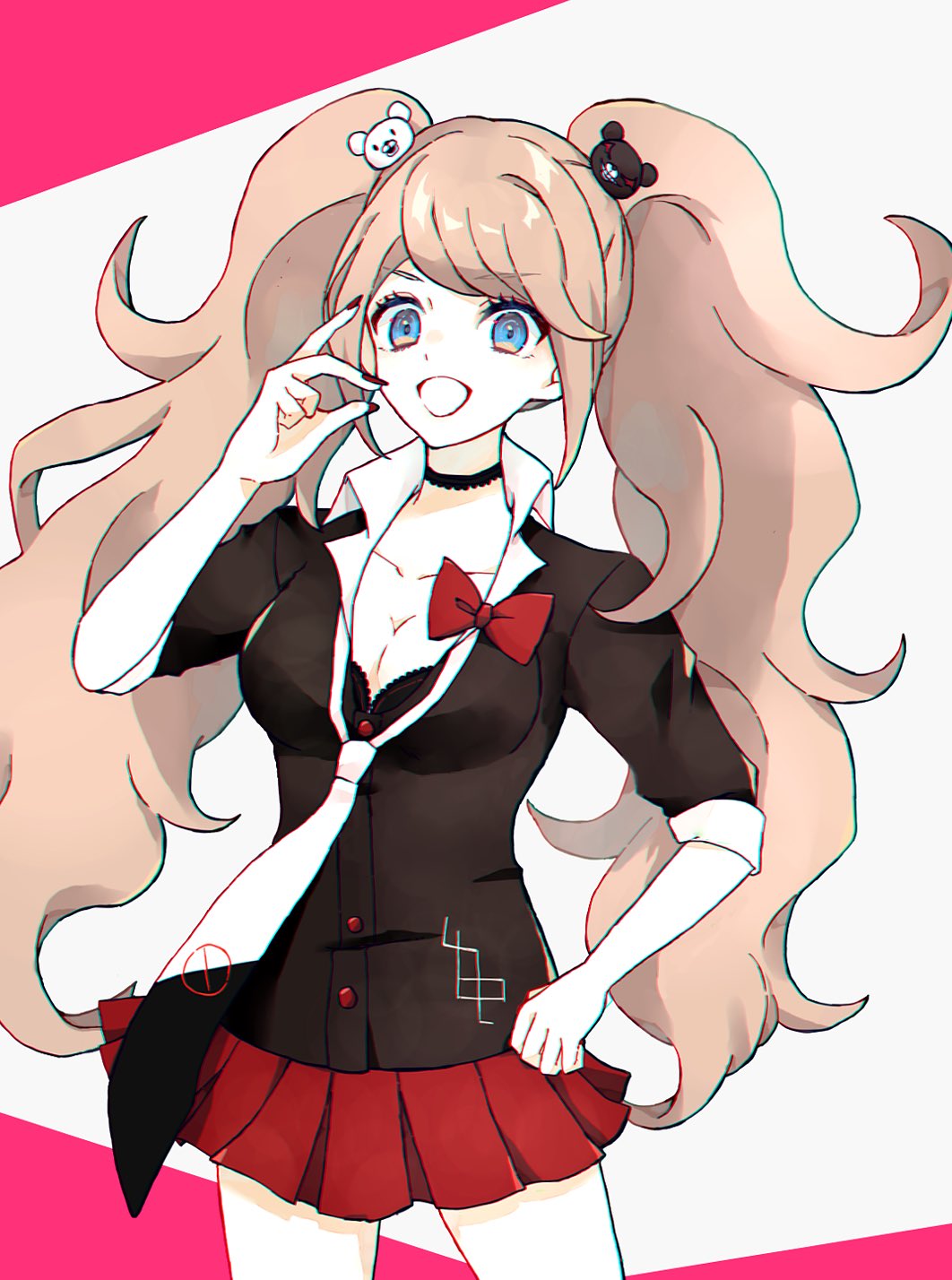 1girl, :d, bear_hair_ornament, black_choker, black_nails, black_necktie, black_shirt, blue_eyes, bow, breasts, choker, cleavage, danganronpa:_trigger_happy_havoc, danganronpa_(series), enoshima_junko, hair_ornament, hand_on_own_hip, hand_up, highres, long_hair, lun_(dbvajzr), miniskirt, nail_polish, necktie, open_mouth, red_bow, red_skirt, shirt, skirt, smile, solo, standing, twintails, wavy_hair, white_necktie