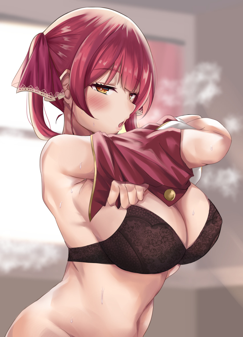 1girl, black_bra, blush, bra, breasts, cleavage, clothes_lift, hair_ribbon, heterochromia, highres, hololive, houshou_marine, large_breasts, long_hair, looking_at_viewer, navel, open_mouth, red_eyes, red_hair, red_ribbon, ribbon, shiki_(catbox230123), shirt_lift, solo, twintails, underwear, virtual_youtuber, yellow_eyes