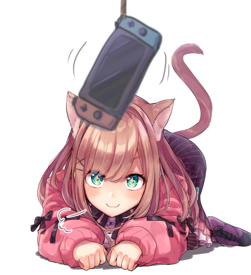 +_+, 1girl, all_fours, animal_ears, black_bow, black_bowtie, black_skirt, blurry, blurry_foreground, bow, bowtie, brown_hair, cat_ears, cat_tail, commentary_request, full_body, green_eyes, highres, jacket, kemonomimi_mode, muzi_folder, nijisanji, nintendo, nintendo_switch, paw_pose, pink_jacket, simple_background, skirt, solo, suzuhara_lulu, tail, virtual_youtuber, white_background