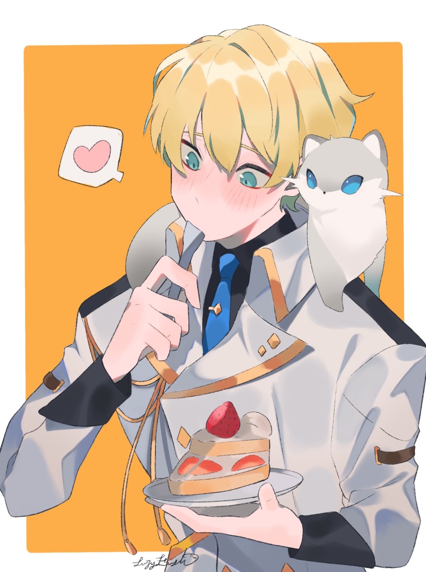 1boy, absurdres, black_shirt, blonde_hair, blue_eyes, blue_neckwear, blush, border