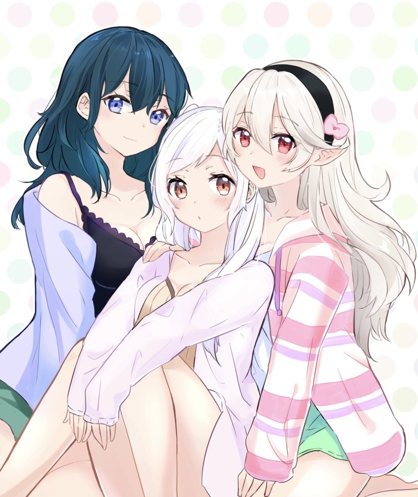 3girls, alternate_costume, blonde_hair, blue_eyes, blue_hair, blush, breasts, brown_eyes, cleavage, collarbone, female_corrin_(fire_emblem), feet_out_of_frame, female_byleth_(fire_emblem), female_robin_(fire_emblem), fire_emblem, fire_emblem:_three_houses, fire_emblem_awakening, fire_emblem_fates, hair_between_eyes, hairband, hand_on_another's_shoulder, highres, jacket, kneeling, knees_together_feet_apart, leaning_on_person, long_hair, looking_at_viewer, medium_breasts, multiple_girls, nintendo, off_shoulder, open_mouth, pointy_ears, polka_dot, polka_dot_background, puni_y_y, red_eyes, shirt, shorts, sidelocks, sitting, sleeveless, sleeveless_shirt, smile, swept_bangs, thighs, white_hair