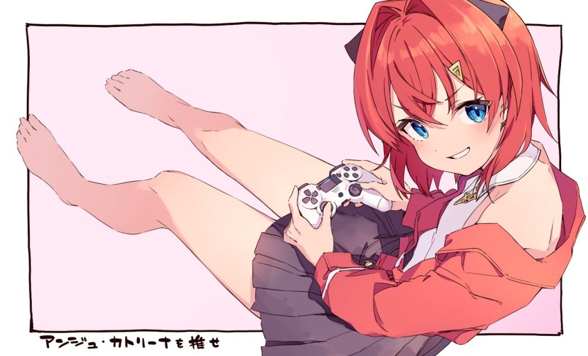 ange_katrina, ange_katrina_(summer_casual), backless_outfit, bare_legs, black_skirt, blue_eyes, border, breasts