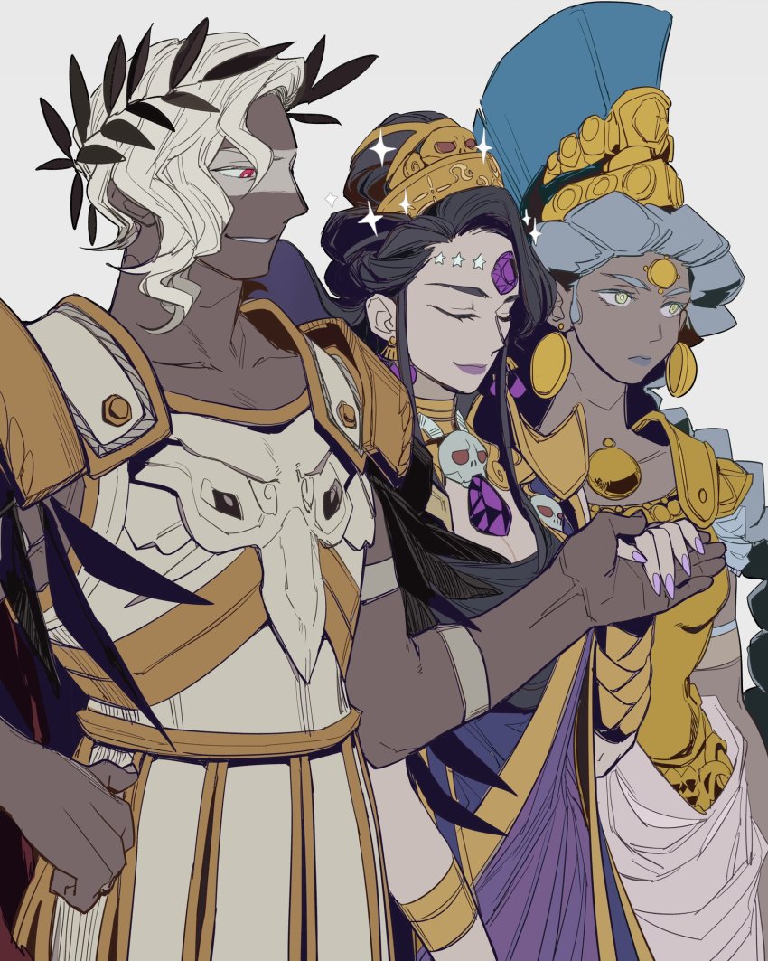 1boy, 2girls, ancient_greek_clothes, ares_(hades), armor, athena_(hades), black_hair, blue_hair