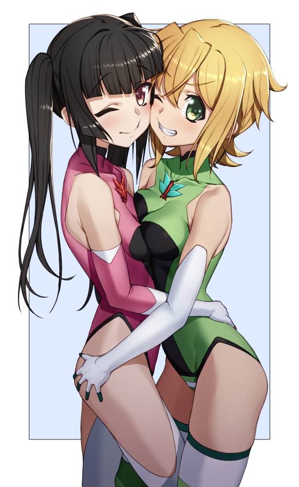 2girls, akatsuki_kirika, ass_grab, black_hair, blonde_hair, blunt_bangs, blush, breasts, elbow_gloves, face-to-face, gloves, green_eyes, green_leotard, hair_ornament, hug, leotard, long_hair, looking_at_viewer, medium_breasts, multiple_girls, one_eye_closed, pink_eyes, pink_leotard, senki_zesshou_symphogear, short_hair, small_breasts, smile, standing, striped_clothes, striped_legwear, striped_thighhighs, thighhighs, tsukamoto_kensuke, tsukuyomi_shirabe, twintails, x_hair_ornament, yuri