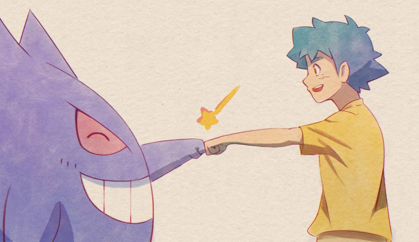 1boy, absurdres, ash_ketchum, clenched_hand, commentary, fdj_1997, fist_bump, from_side, gen_1_pokemon, gengar, green_hair, highres, male_focus, nintendo, open_mouth, outstretched_arm, pokemon, pokemon_(anime), pokemon_(creature), shirt, short_hair, short_sleeves, smile, star_(symbol), t-shirt, teeth, tongue, white_background, yellow_shirt