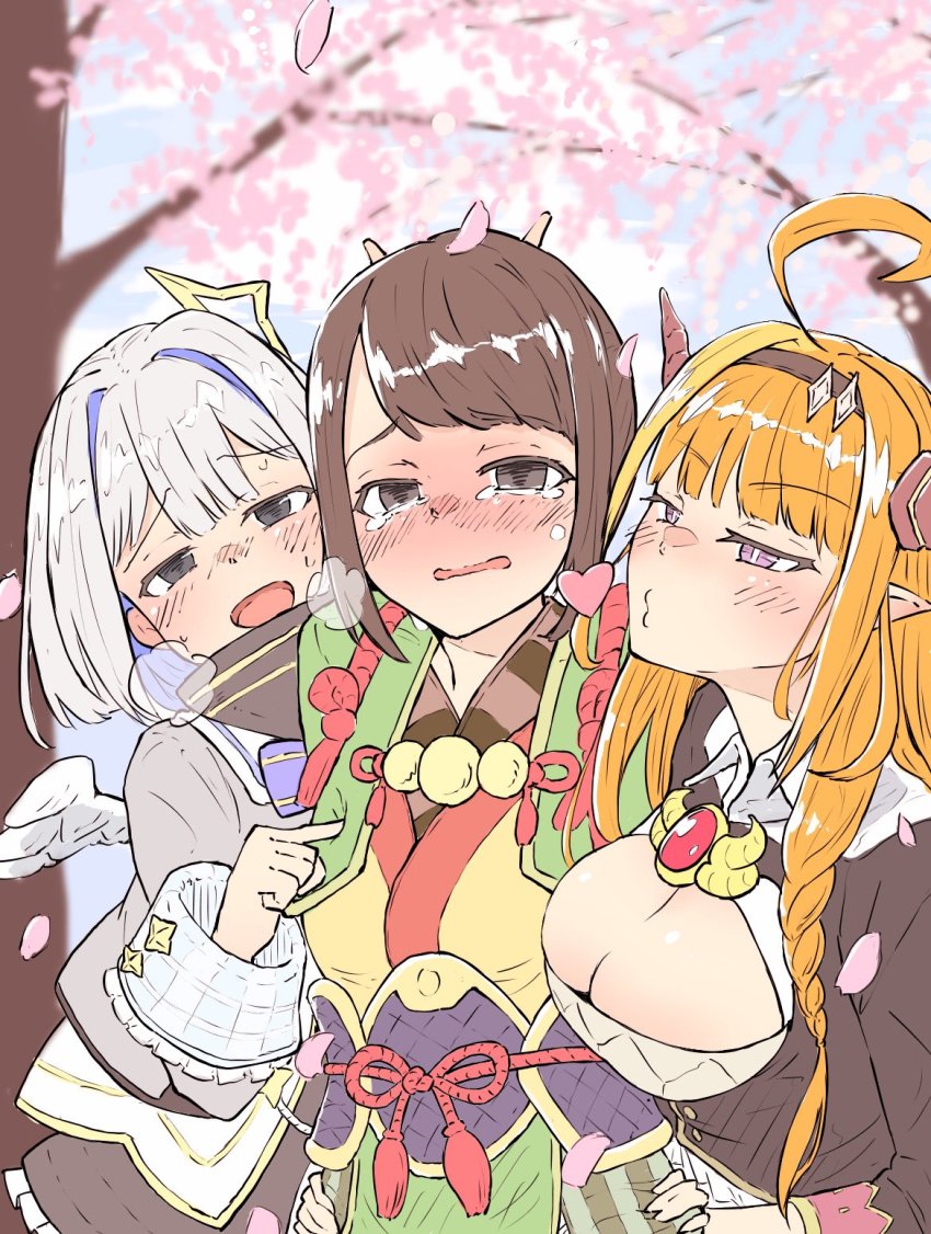 3girls, ahoge, amane_kanata, angel, angel_wings, arm_up, black_eyes, black_hairband, black_jacket, black_skirt, blonde_hair, blue_hair, blue_neckwear, blush, bob_cut, bow, bowtie, braid, breasts, bright_pupils, brooch, brown_eyes, brown_hair, cherry_blossoms, cleavage, cleavage_cutout, clothing_cutout, collared_shirt, colored_inner_hair, commentary_request, crying, crying_with_eyes_open, day, dragon_girl, dragon_horns, falling_petals, frilled_skirt, frills, full-face_blush, girl_sandwich, grey_jacket, hair_intakes, hairband, halo, hand_on_another's_head, hands_on_another's_hips, heart, heavy_breathing, highres, hololive, horns, jacket, japanese_clothes, jewelry, kiryu_coco, kiryu_coco_(1st_costume), large_breasts, long_hair, long_sleeves, looking_at_viewer, mini_wings, molestation, monster_hunter_(series), monster_hunter_rise, multicolored_hair, multiple_girls, nekomimi_sukinosuke, open_mouth, orange_hair, outdoors, parted_lips, petals, pink_eyes, pointy_ears, poking, poking_another's_breast, puckered_lips, sandwiched, shirt, short_hair, side_braid, silver_hair, single_braid, skirt, sleeves_past_wrists, sleeves_rolled_up, star_halo, steam, streaked_hair, sweat, swept_bangs, tears, turtleneck, upper_body, virtual_youtuber, white_pupils, white_shirt, white_wings, wings, yomogi_(monster_hunter), yuri