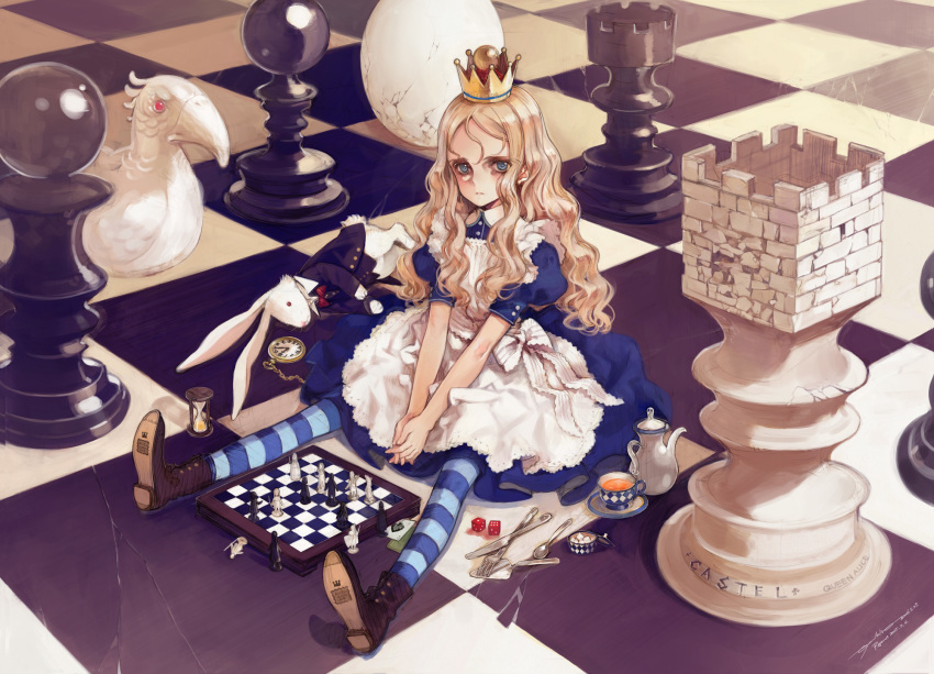1girl, ace_(playing_card), ace_of_spades, alice_(alice_in_wonderland), alice's_adventures_in_wonderland, blonde_hair, blue_eyes, board_game