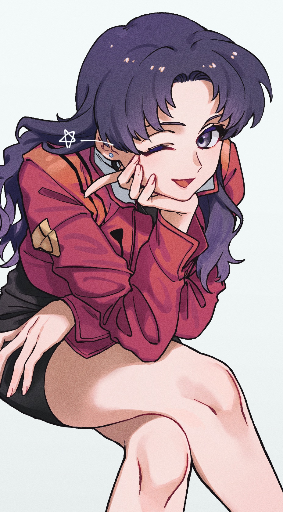 1girl, black_skirt, character_name, earrings, grey_background, head_rest, highres, invisible_chair, itou_(very_ito), jacket, jewelry, katsuragi_misato, crossed_legs, long_hair, looking_at_viewer, neon_genesis_evangelion, one_eye_closed, purple_eyes, purple_hair, red_jacket, sitting, skirt, smile, solo, white_background