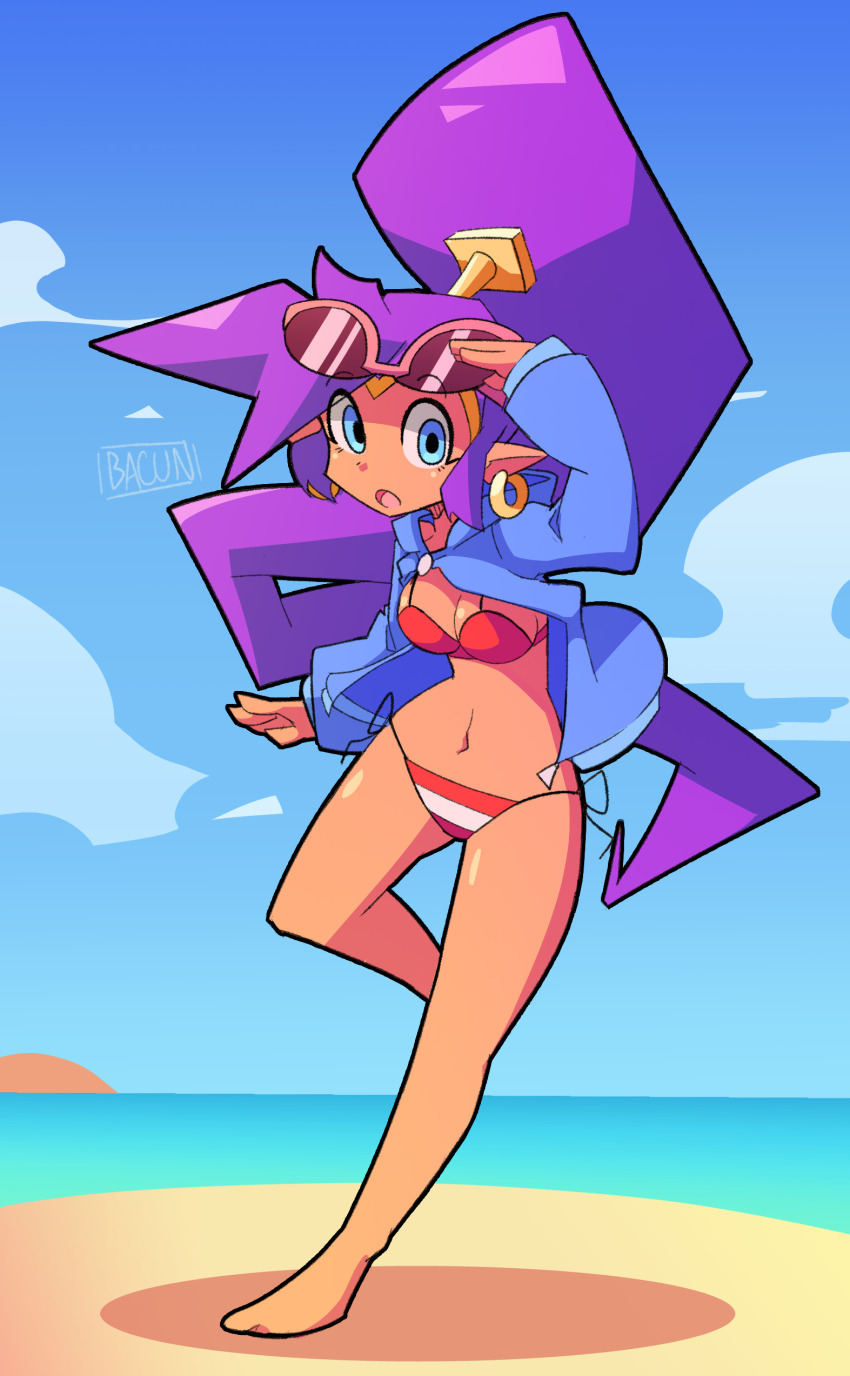 1girl, absurdres, bacun, barefoot, beach, beach_day_shantae, bikini, blue_eyes