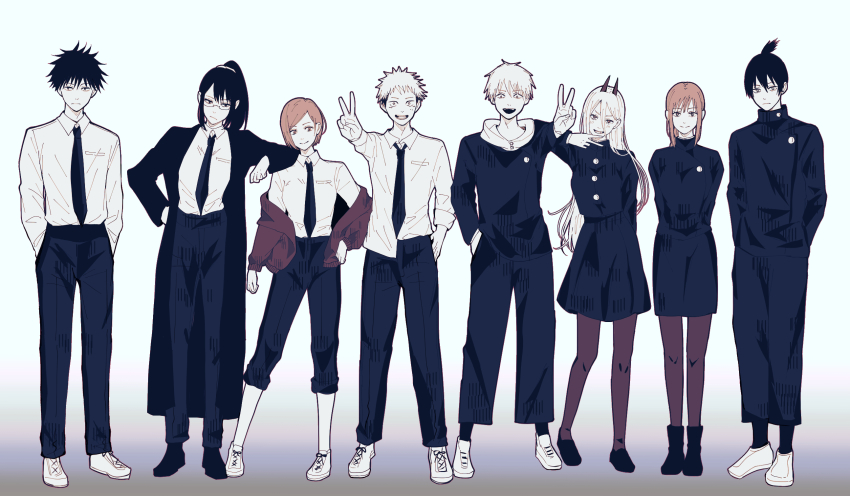 +_+, 4boys, 4girls, arm_on_another's_shoulder, arms_behind_back, bad_id, bad_pixiv_id, blush