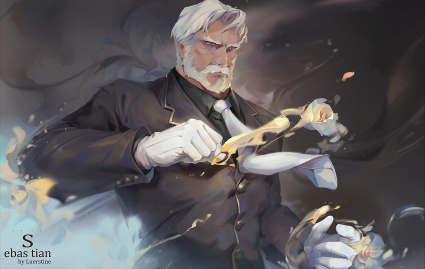 1boy, beard, black_suit, character_name, clenched_hand, facial_hair, formal_clothes, gloves, luerstine, male_focus, necktie, old, old_man, overlord_(maruyama), sebas_tian, suit, upper_body, white_gloves, white_hair