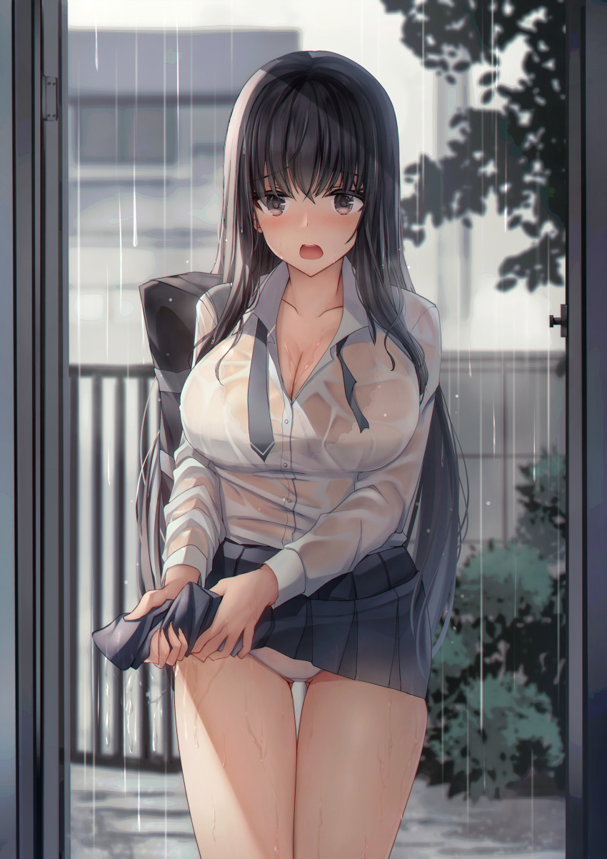 1girl, absurdres, bag, black_eyes, black_hair, blouse, blue_skirt, blush