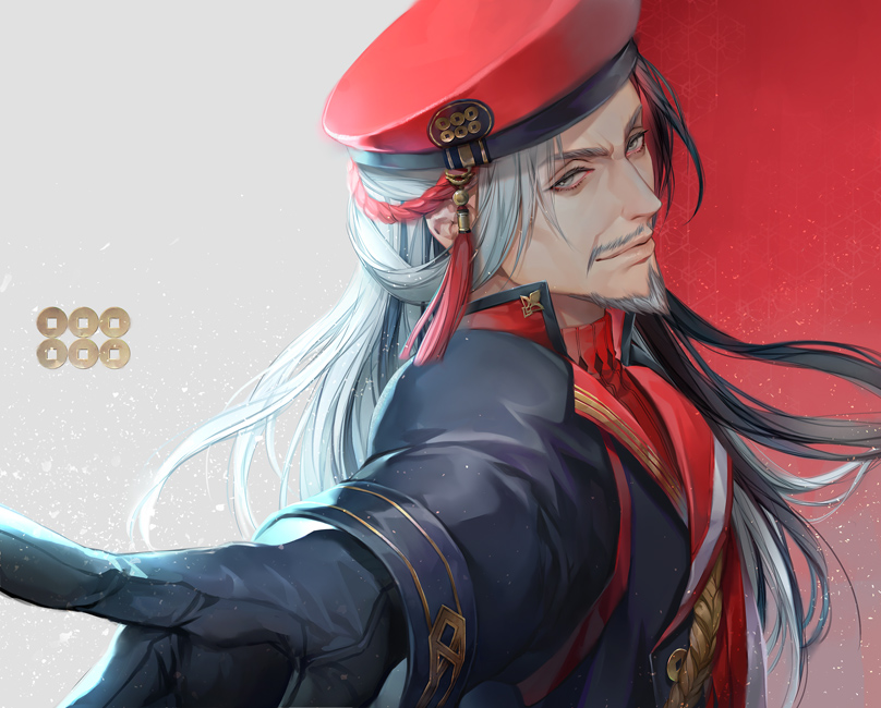 1boy, black_gloves, facial_hair, gloves, goatee, grey_eyes, long_hair, looking_at_viewer, male_focus, mustache, pointing, pointing_at_viewer, red_headwear, sanada_clan_(emblem), sanada_masayuki, sengoku_musou, sengoku_musou:_sanada_maru, silver_hair, solo, tassel, two-tone_background, upper_body, yoshicha